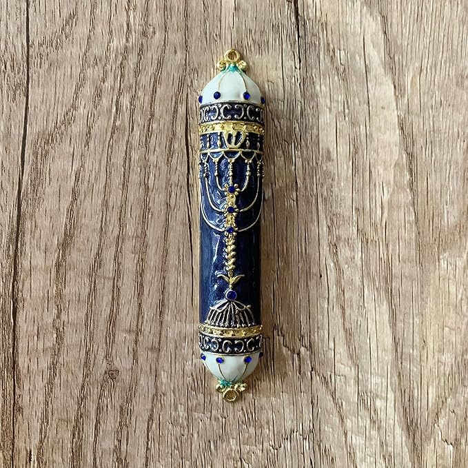 Mezuzah, Exquisite Black and Gold Enamel Mezuzah with Blue Crystal Accent