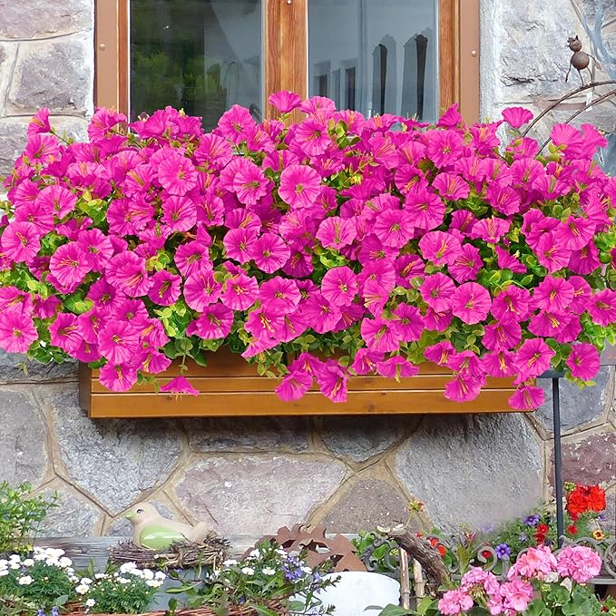 Waipfaru Artificial Flowers for Outdoors, 24 Bundles Faux Plants Outdoor, UV Resistant Artificial Plants Outdoor, Silk Petunias Fake Flowers for Outside Home Decor Planter Porch Decoration, Rose Red