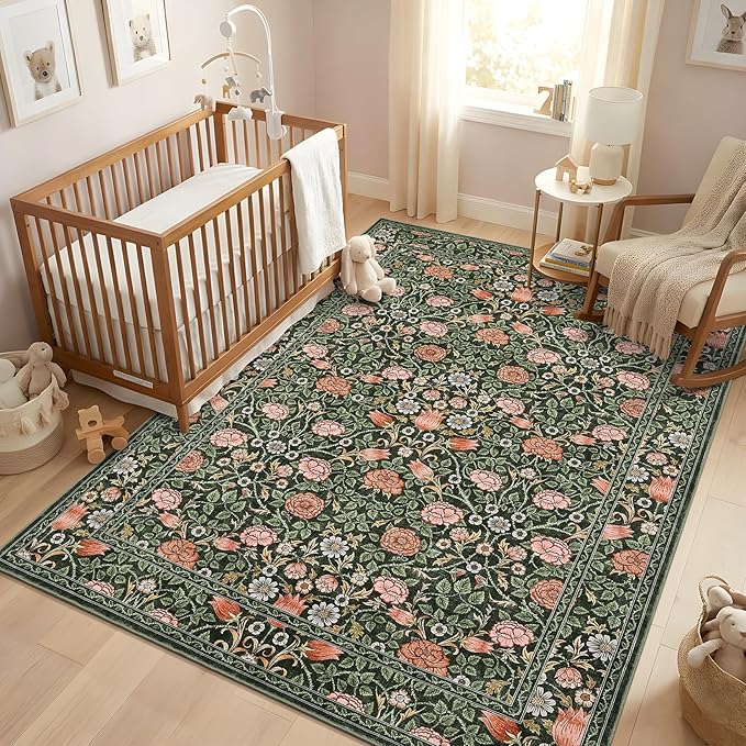 GarveeHome Dark Green Vintage Floral Washable 5x7 Area Rugs for Living Room Boho Botanical Retro Rug Low Pile Stain Resistance Non Slip Carpet for Bedroom Nursery Dining Room