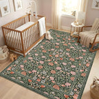 GarveeHome Dark Green Vintage Floral Washable 5x7 Area Rugs for Living Room Boho Botanical Retro Rug Low Pile Stain Resistance Non Slip Carpet for Bedroom Nursery Dining Room
