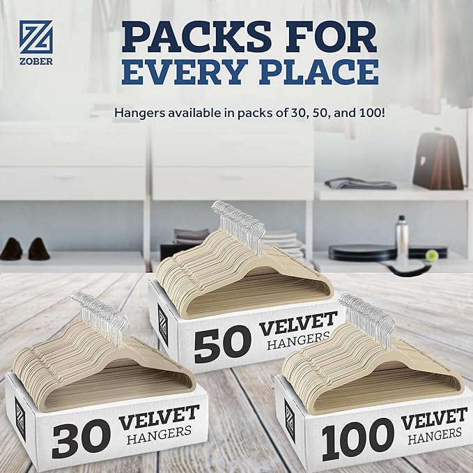 Zober Velvet Hangers 50 Pack - Ivory for Coats, Pants & Dress Clothes - Non Slip w/ 360 Degree Swivel, Holds up to 10 lbs - Strong Felt Hangers for Clothing