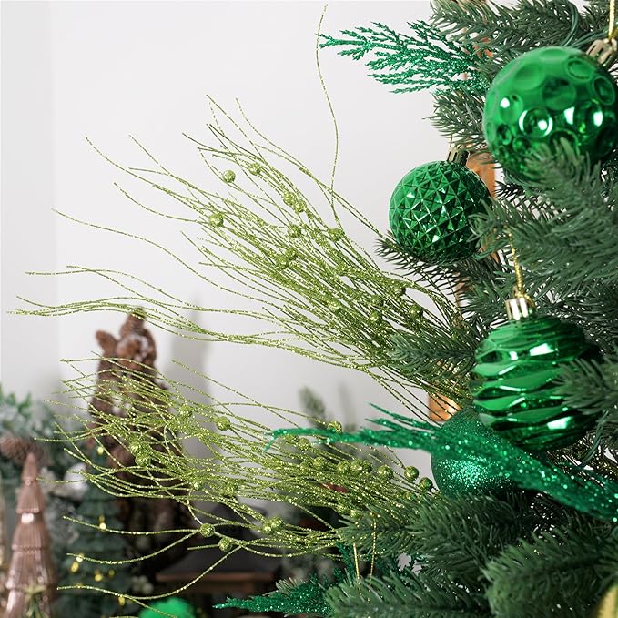 SLK 16-Pack Artificial Glitter Pick Set Of Berry Sprays Stem Ornaments, Christmas Decoration Glittery Twigs, Christmas Tree Picks, Branches, Wreath For Christmas Day, Halloween，Party ,Holiday，Green