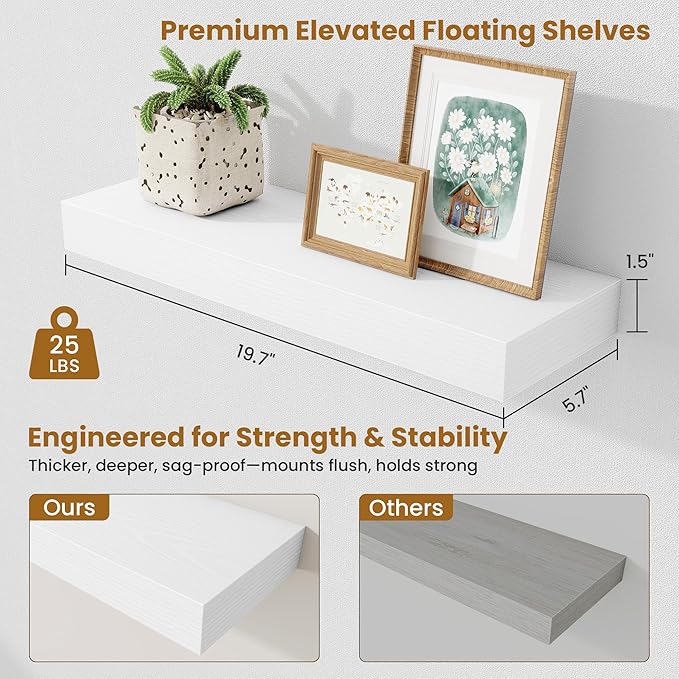 Fun Memories Floating Shelves Bathroom for Wall Mounted Shelves, 20 Inch Wood Shelf Set of 2, Home Storage & Display Decor, White