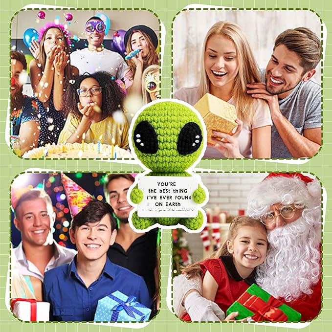 3.5 inch Positive Alien Handmade Knitted Wool Doll with Positive Card Inspiring Gifts for Cheer Up Emotional Support Encouragement Friends