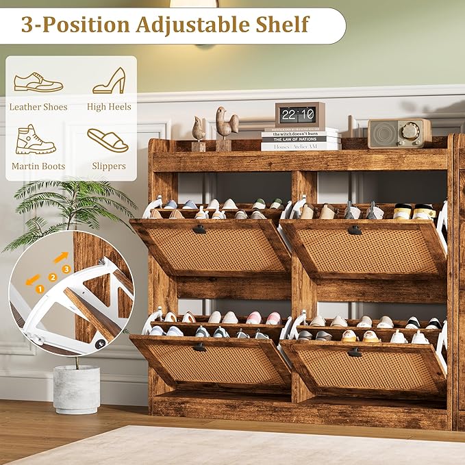 GarveeHome Shoe Cabinet Rattan with 4 Flip Drawers, Wooden Freestanding Shoe Organizer with Adjustable Shelves, Shoe Storage for Entryway, Closet, Hallway
