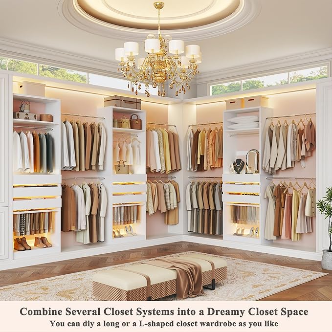 Closet System, 5.7-10.4FT Closet Organizer System with 6 Wood Drawers & LED Glasstop, Wood Walk-in Closet with 10 Hanging Rods & Trouser Rack, Built-in Wardrobe Garment Rack with Shelves & Tower,White