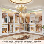 Closet System, 5.7-10.4FT Closet Organizer System with 6 Wood Drawers & LED Glasstop, Wood Walk-in Closet with 10 Hanging Rods & Trouser Rack, Built-in Wardrobe Garment Rack with Shelves & Tower,White