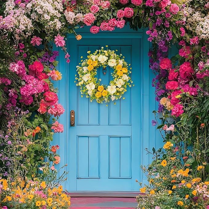 24 Inch Spring Yellow Floral Wreath for Front Door, Artificial Camellia & Orchid Wreath with Eucalyptus Greenery, Farmhouse Door Decor for Spring Summer Wedding Wall Window