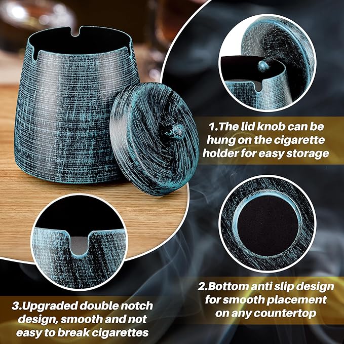 Ashtray for Cigarettes Outdoor, Outdoor Ashtray with Lid for Cigarette, Metal Odorless Windproof Smokeless AshTray for Patio Home Office Tabletop Balcony