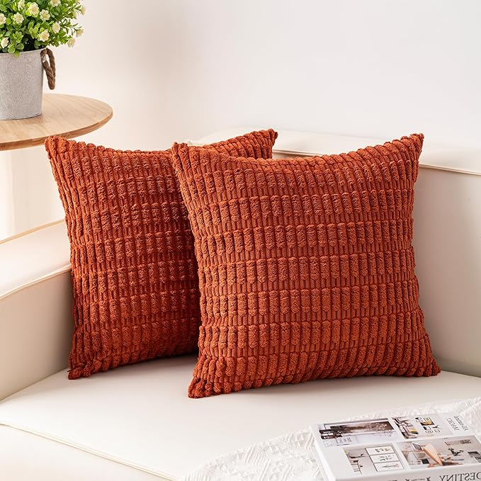 Aegero Pack of 2 Corduroy Decorative Throw Pillow Covers 24x24 InchSoft Striped Pillow Covers Modern Farmhouse Home Decor for Sofa Living Room Couch Bed（Rust）