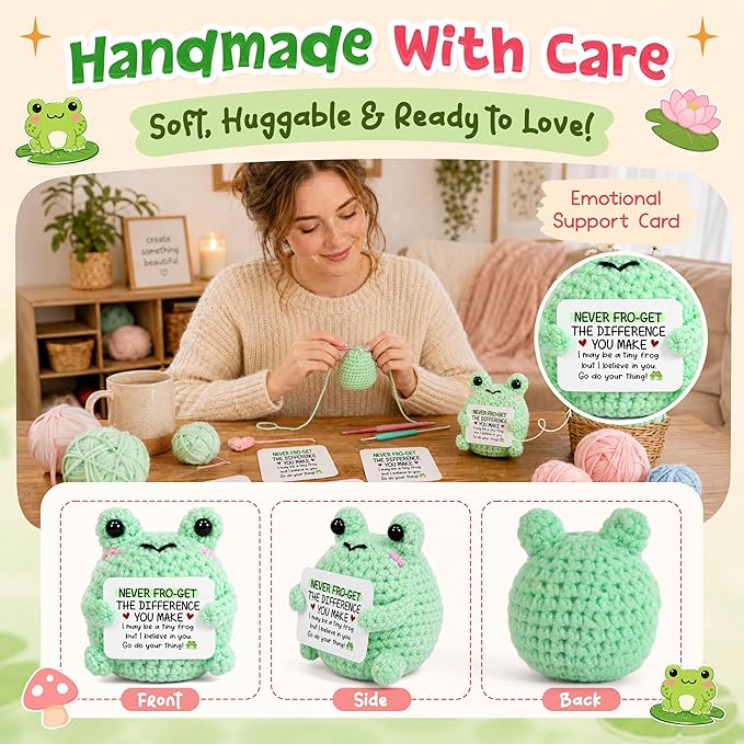OASSIE Thank You Gifts for Women Men - Frog Positive Crochet Animals - Teacher Appreciation Gifts, Birthday Retirement Gift for Woman Teacher Nurse Coworkers Boss, Emotional Support Crochet