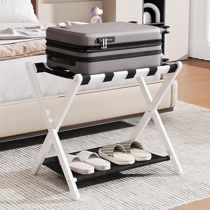 26.77" Full Assembled Luggage Rack for Guest Room, Set of 1 Bamboo Foldable Suitcase Stand, Bedroom & Hotel, Folding Luggage Holder with 5 Nylon Straps, 600D Oxford Fabric Shelf White