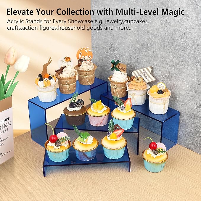 ELEGANTLIFE Acrylic Display Risers Set of 4, 4-Level Tiered Display Stands for Cupcakes, Small Figures & Jewelry, Compact Countertop Display Shelf, Multiple Colors Available (Translucent Blue)