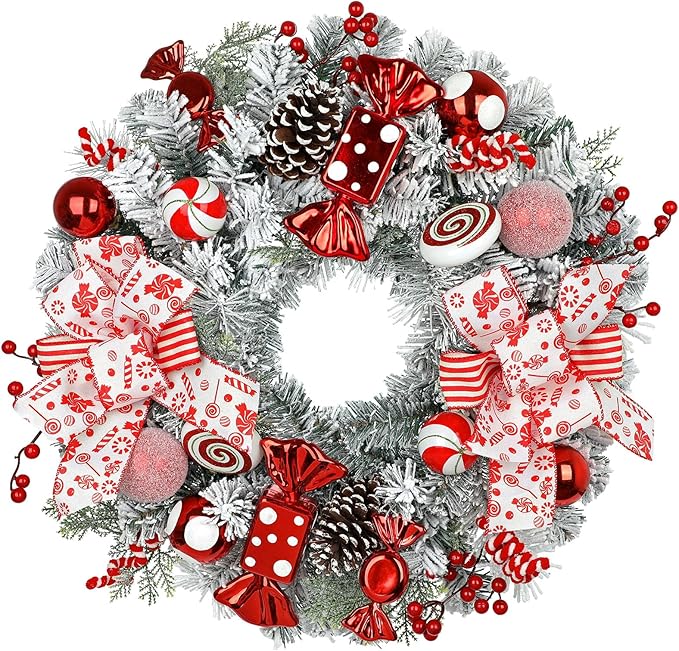 24" Artificial Christmas Wreath with Red Candy Accents, Double Ribbon Bows, Pine Cones & Ornaments, White Cedar Base for Christmas Thanksgiving Winter Holiday Front Door and Wall Decoration
