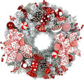 24" Artificial Christmas Wreath with Red Candy Accents, Double Ribbon Bows, Pine Cones & Ornaments, White Cedar Base for Christmas Thanksgiving Winter Holiday Front Door and Wall Decoration