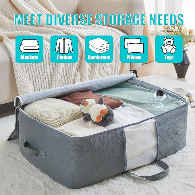 105L Extra Large Storage Bags for Blankets, King Comforters, Bedding, Clothes, Pillows, Sheets - Closet Organizers and Storage with 4 Handles & Clear Window, Foldable & Breathable (Grey, 2pack)
