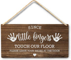 Wall Pediments Shoes Off Sign,Shoes Off Sign for Front Door,Since Little Fingers Touch Our Floor Door Sign,Shoes Off Hanging Welcome Sign for Front Door,10x8 Inches，Wood Grain-5