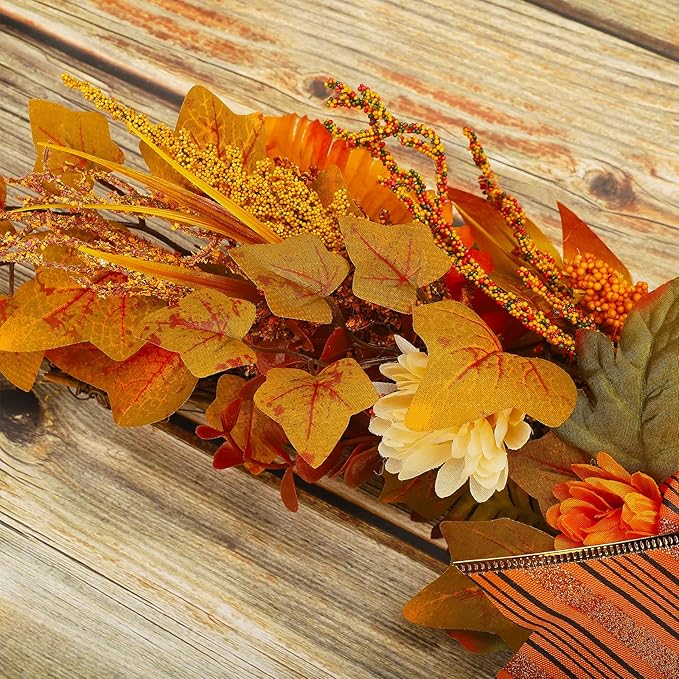 2 Pcs Artificial Maple Swags Wreaths, 25.9 Autumn Harvest Floral Swag, Fall Wall Hanging Garland with Maple Leaves for Thanksgiving Front Door Decoration