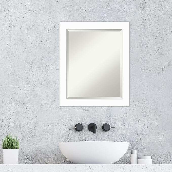 Amanti Art White Wall Mirror 23x19 Basic White Narrow Rectangle Bathroom Mirror for Wall Decor Living Room, Small Casual Wood Frame, Hangs Horizonally and Vertically, Bathroom Decor, Beveled Edge