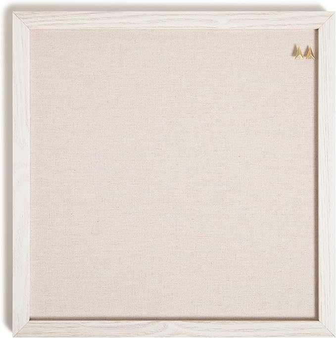 U Brands Rustic Linen Bulletin Board, 14" x 14", White Wood Style Frame, Industrial Grade Pinning Surface, Includes Push Pins