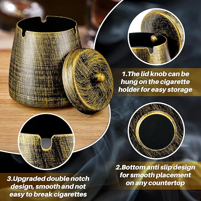 Ashtray for Cigarettes Outdoor, Outdoor Ashtray with Lid for Cigarette, Metal Odorless Windproof Smokeless AshTray for Patio Home Office Tabletop Balcony