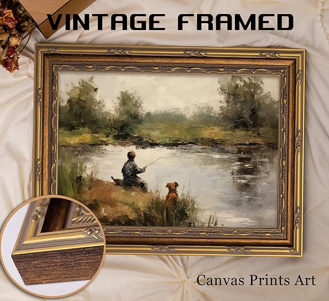 Vintage Gold Framed Wall Art Boy Fishing Country Oil Painting Canvas Prints Peaceful Lake Landscape with Dog Picture Rustic Farmhouse Poster Artwork for Nursery Living Room Bedroom, 12x16in