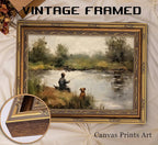 Vintage Gold Framed Wall Art Boy Fishing Country Oil Painting Canvas Prints Peaceful Lake Landscape with Dog Picture Rustic Farmhouse Poster Artwork for Nursery Living Room Bedroom, 16x24in