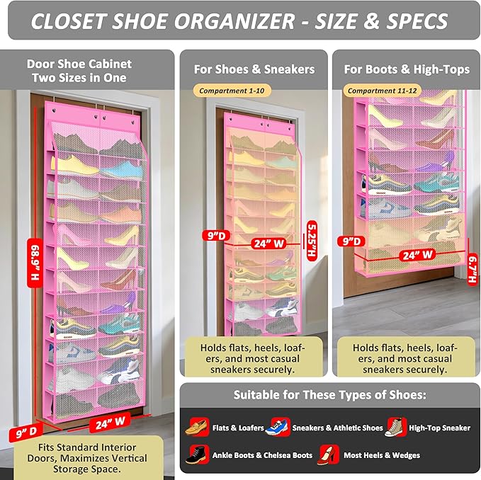 24-Pair Over Door Shoe Organizer for Family & Kids, Double Sided | Hanging Storage for Sneakers, Boots, Toys & Room OrganizationRose Quartz