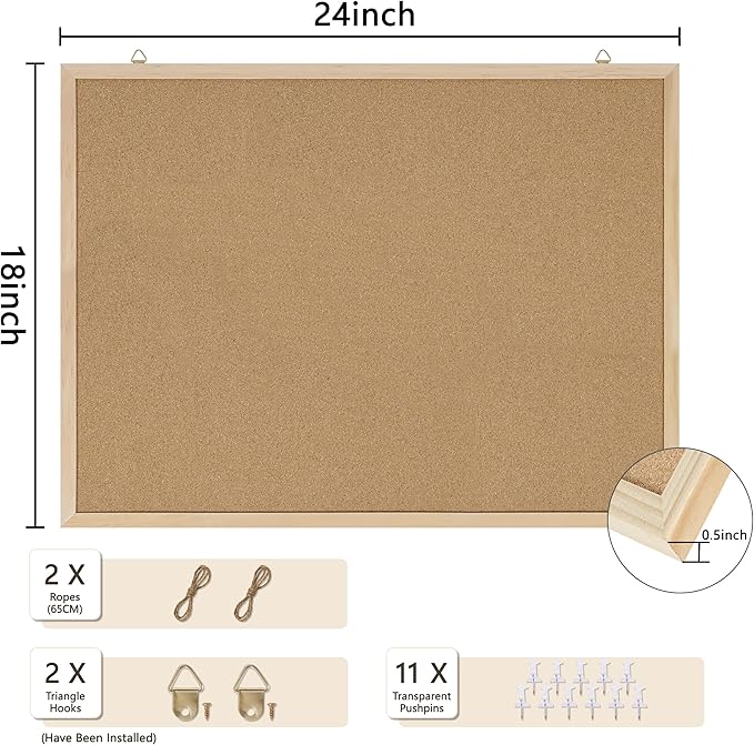 DAHAPYBOO Cork Board Bulletin Board,24x18 Cork Board for Office with Pin Oak Wood Boards,Message Board or Vision Board Decoration.