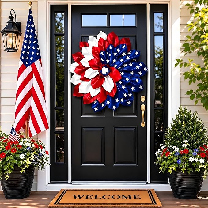 4th of July Decorations Outdoor Patriotic Wreaths for Front Door 250th Anniversary Decorations Red White and Blue American Flag Wreath (Red White and Blue American Flag)