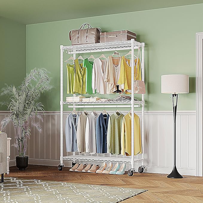 Rolling Garment Rack with Wheels, Heavy Duty Clothing Rack for Hanging Clothes, Load 480 LBS Metal Closet Rack Double Hanging Rods Portable Closet for Bedroom Storage, H2 Plus, White