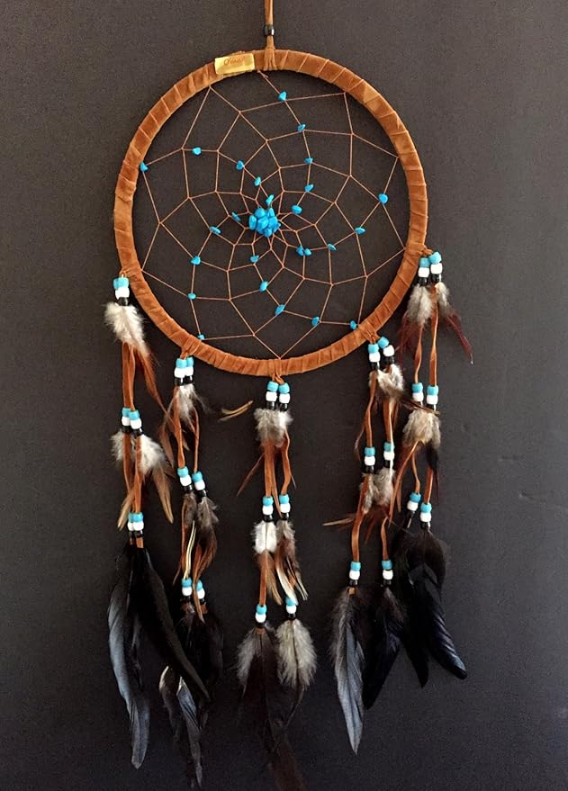 OMA Large Dream Catcher – Brown Suede with Turquoise Stones and Feathers, Traditional Dreamcatcher for Bedroom, Living Room, Dorms & Gift, Size - 28” x 9”