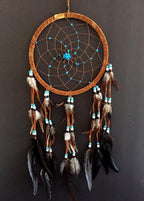 OMA Large Dream Catcher – Brown Suede with Turquoise Stones and Feathers, Traditional Dreamcatcher for Bedroom, Living Room, Dorms & Gift, Size - 28” x 9”