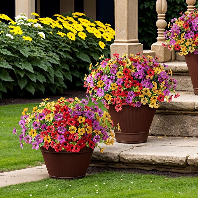 Artificial Flowers for Outdoors Potted Spring Decor, 12 Bundles Fake Summer Daisy with Realistic Eucalyptus Leaves, Faux Plants for Greenery Boxwood Porch Patio Garden Pot Lawn(Red Purple Yellow)