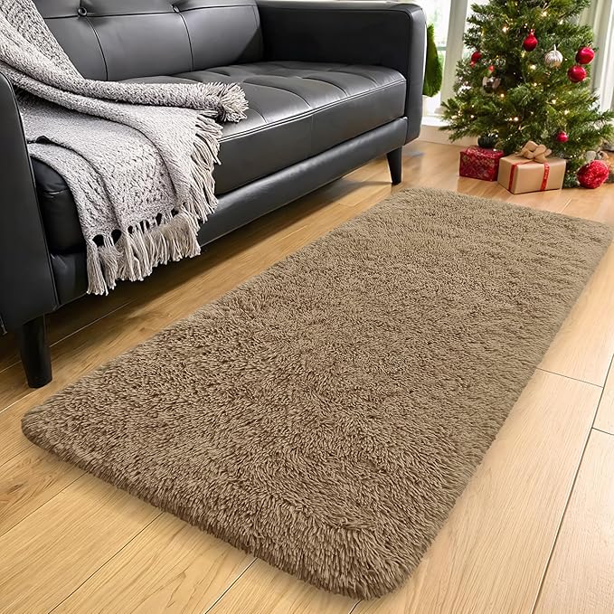 OLANLY 2x8 Machine Washable Runner Rugs for Hallway, Soft Fluffy Shaggy Bedside Rugs for Bedroom, Living Room, Indoor Floor Carpet for Kids Girls and Boys, Home Decor Aesthetic, Taupe