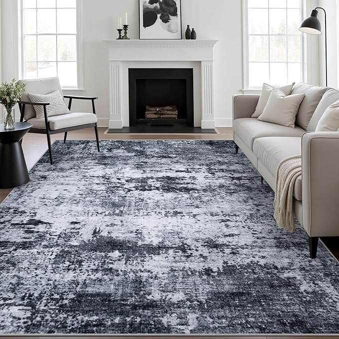 4x6 Area Rug Living Room Rug: Washable Modern Abstract Soft Thin Rug Indoor Floor No Slip Stain Resistant Carpet for Bedroom Dining Room Farmhouse Nursery Home Office - Black