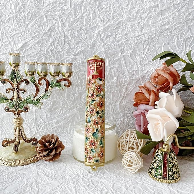 Hand Painted Mezuzah, Exquisite Enamel Mezuzah with Menorah and Pomegranate Motifs