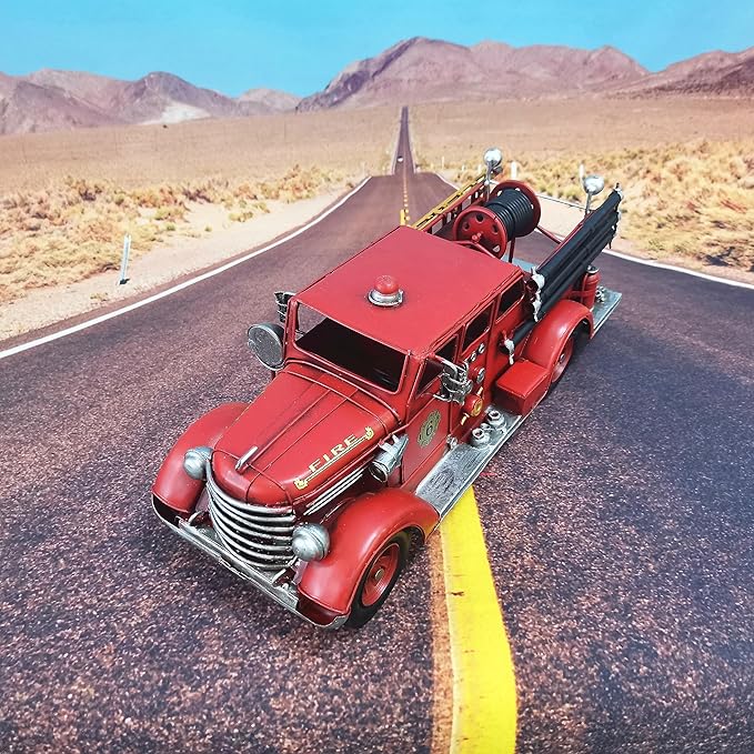 Truck Model Retro Fire Diecast Metal Miniature Vehicles Large Fire Fighting Truck Decor Home Antique Truck Decor Automotive Decor 16.4'' Long…