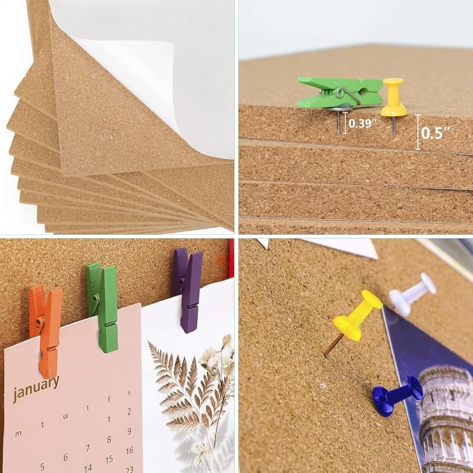 AKTOP Cork Board Bulletin Board 12x12, 1/2" Thick Cork Board Tiles 12 Pack, Small Square Pin Board for Wall, Self Adhesive Corkboards with 120 Push Pin Wood Clips for School, Home & Office