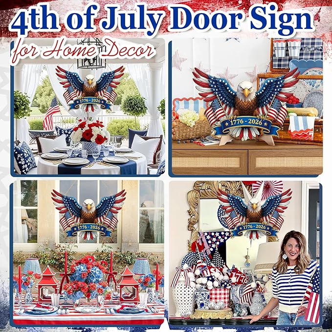 250 Anniversary 4th of July Decoration Door Wreath for Front Door Sign Patriotic Eagle Wall Signs 250 Years of Freedom 1776-2026,Independence Day Patriotic Day Wreath Memorial Day Hanging for Home