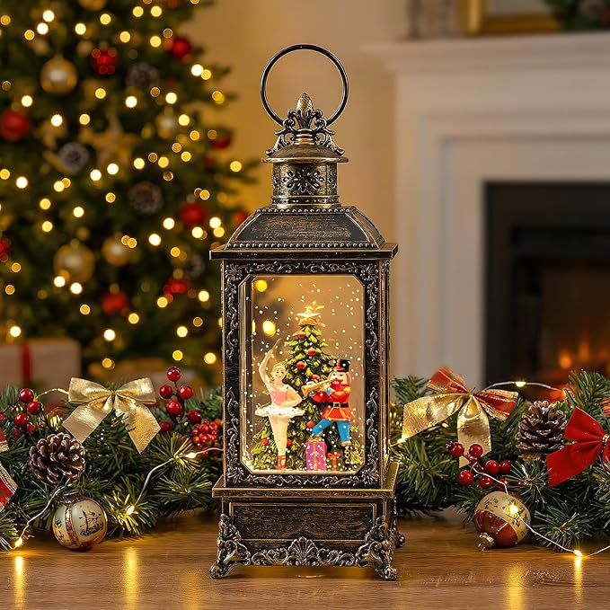 Christmas Snow Globe Lantern Water Glittering Nutcracker Ballerina with Music & Timer, USB Lined/Battery Operated Lighted Lantern for Christmas Festival Decoration Gifts
