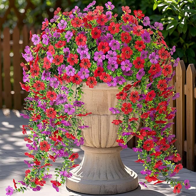 Artificial Hanging Flowers for Outdoors Fake Plants Decoration, 2 Packs Faux Silk Daisy Flower Realistic Outdoor Flowers UV Resistant Porch Patio Window Yard Indoor Spring Decor(Red Purple)