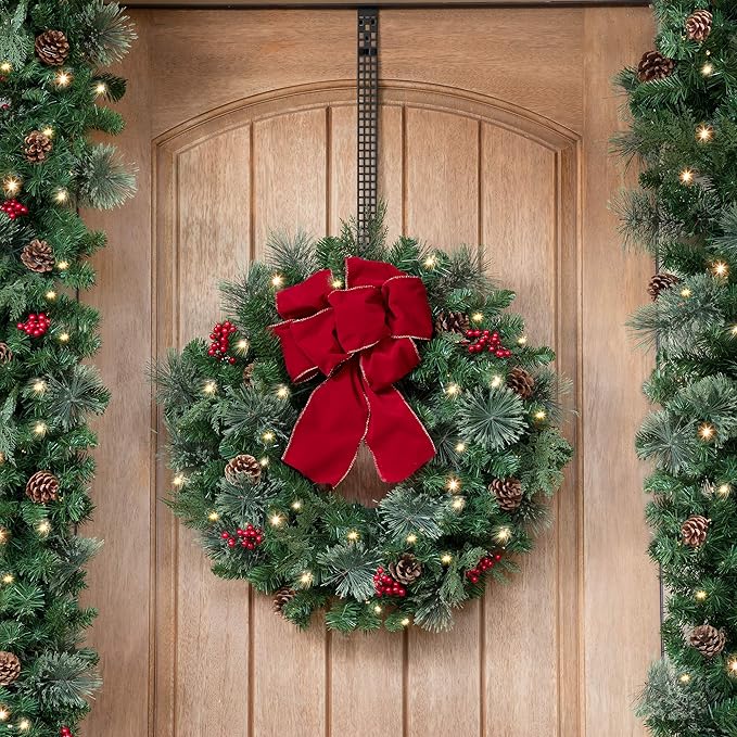 Haute Decor Hook & Lattice Metal Adjustable Length Over The Door Wreath Hanger, Matte Black (1 Pack) - Strong Unique Modern Design, Holds 20 Pounds