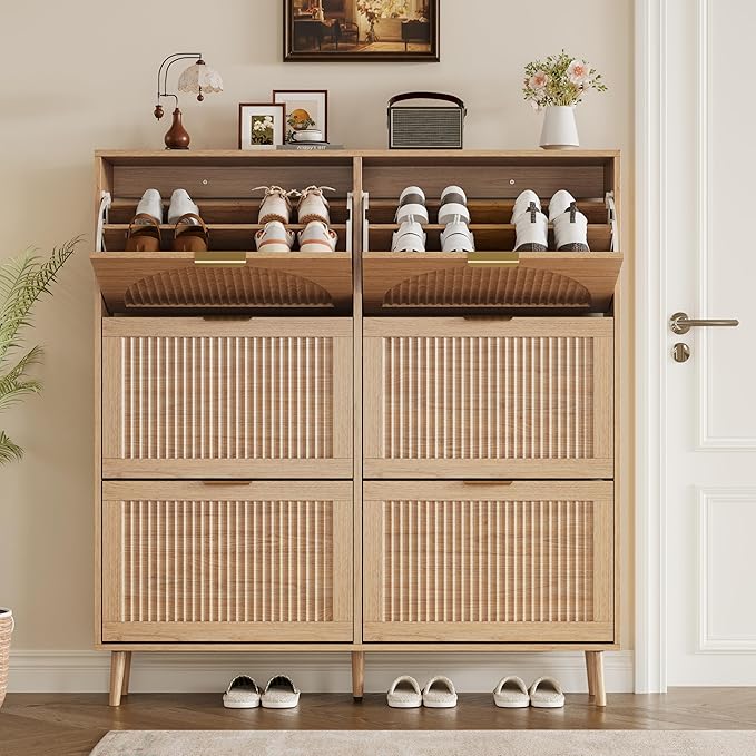 Shoe Cabinet for Entryway with 6 Flip Drawers, Slim Wooden Shoe Storage Organizer with Modern Fluted Pannel，Freestanding Narrow Hidden Shoe Rack for Hallway, Foyer, Living Room