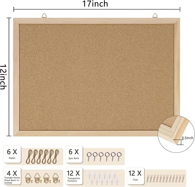 DAHAPYBOO Cork Board Bulletin Board 2 Pack,17"X12" Cork Board for Office with Pin Oak Wood Boards,Hanging Corkboards for Office Home School Message Board or Vision Board Decoration