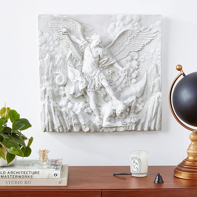 Design Toscano Michael the Archangel Slaying Demon Indoor/Outdoor Wall Frieze Sculpture, 22 inches wide, Cast Stone Resin, Antique Stone Finish