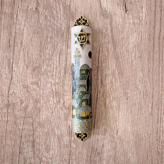 Hand Painted Mezuzah, Exquisite Enamel Mezuzah with Star of David and Jerusalem Motifs
