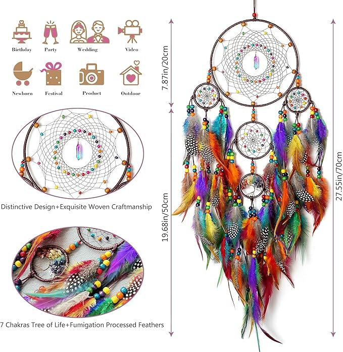 Large Dream Catchers, Handmade Woven Colorful Dream Catcher Wall Hanging, with Tree of Life Natural Healing Crystal Stone for Bedroom Wedding Party Decor, Festival Blessing Gift (Colorful)