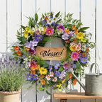 22 Inch Spring Summer Wildflower Wreath for Front Door, Colorful Floral Welcome Wreath with Blessed Sign Daisies Peonies for Wall Door and Porch Farmhouse Home Decor