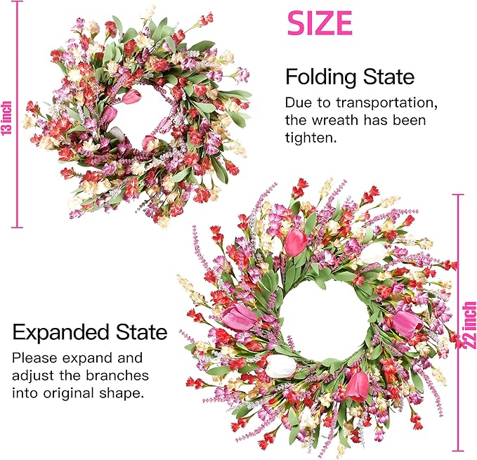 Sggvecsy Spring Summer Wreath for Front Door 22 Inch Artificial Colorful Flower Wreath with Colorful Tulips Greenery Leaves Lavender for All Seasons Home Farmhouse Indoor Outdoor Wall Decor (Mixed)